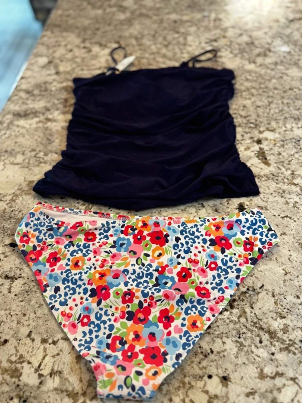Navy Tankini Top with Multicolor Floral Bikini Bottoms‎ - Women's Swim Set